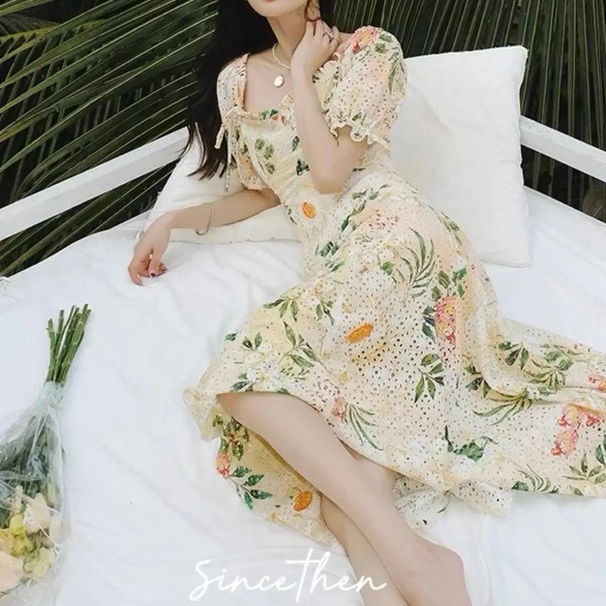 S사이즈)신스덴 펀칭 플로럴 롱원피스 여름휴양지원피스 반팔원피스