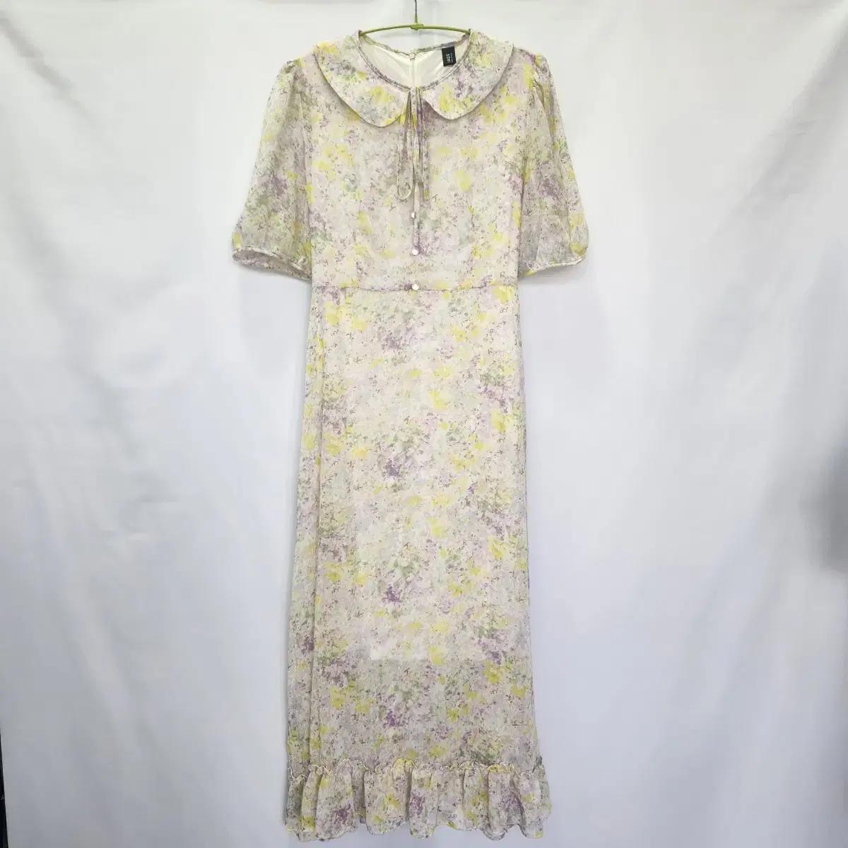 여성 쉬폰 반팔 둥근카라 리본  롱원피스  프리사이즈