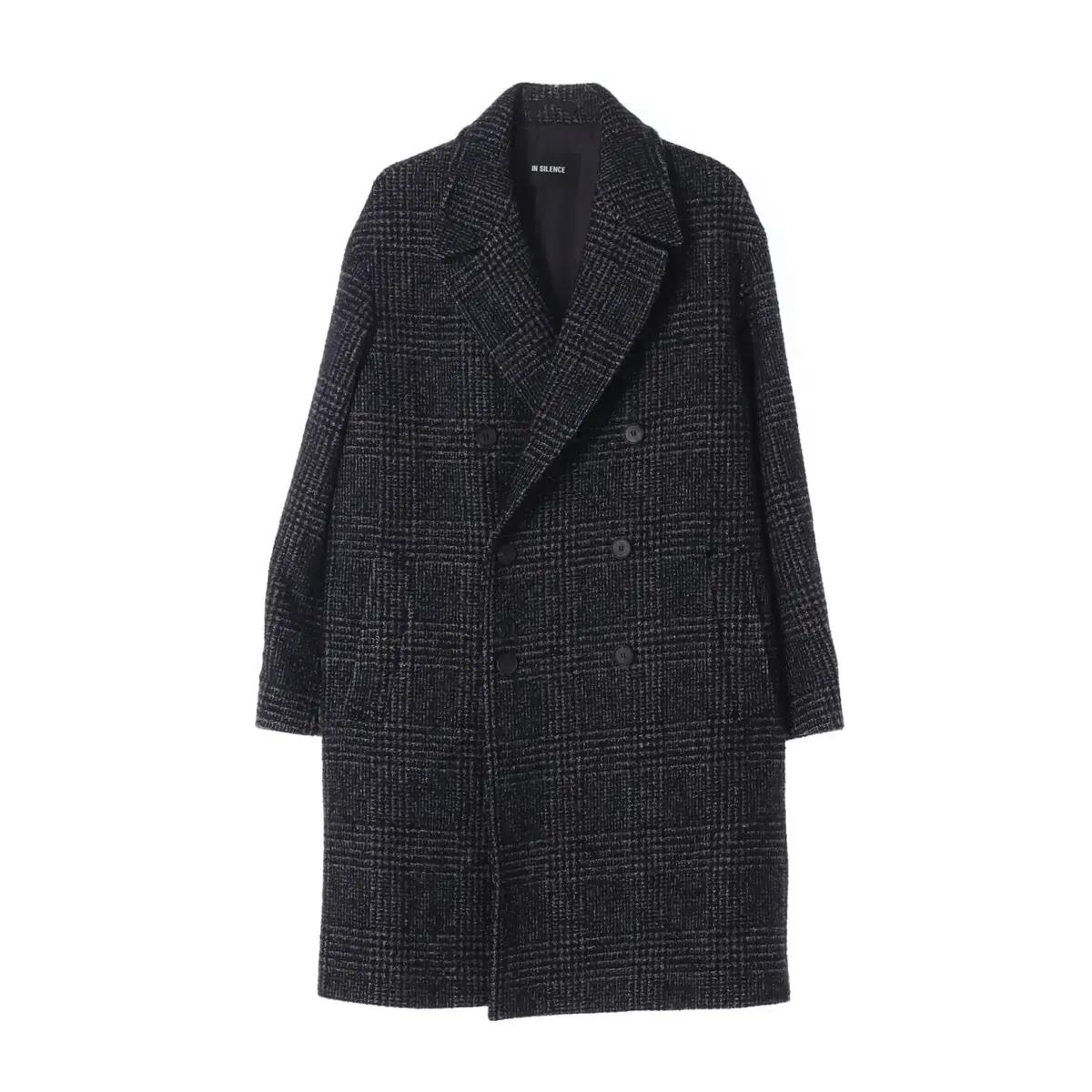 [L]인사일런스 블랙 체크 더블 롱 울코트