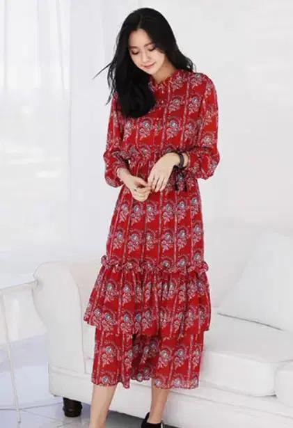 여성롱원피스 버건디 프릴 55 66 77 쉬폰