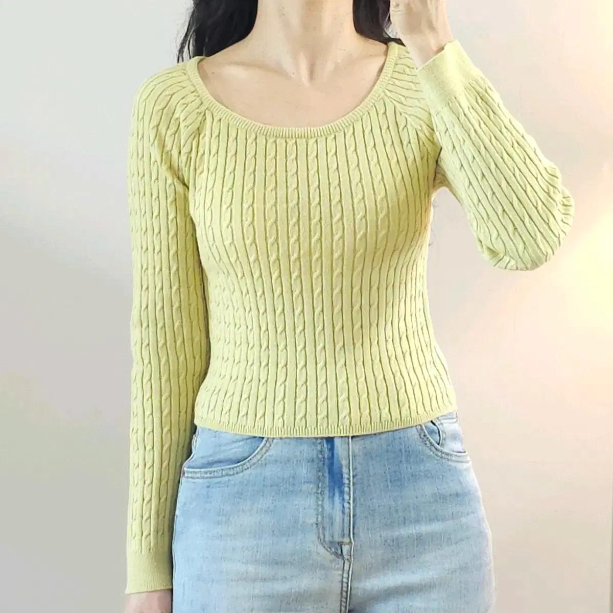 (F)ANNE 여성 케이블 긴팔 봄니트 연두색 F4-W297