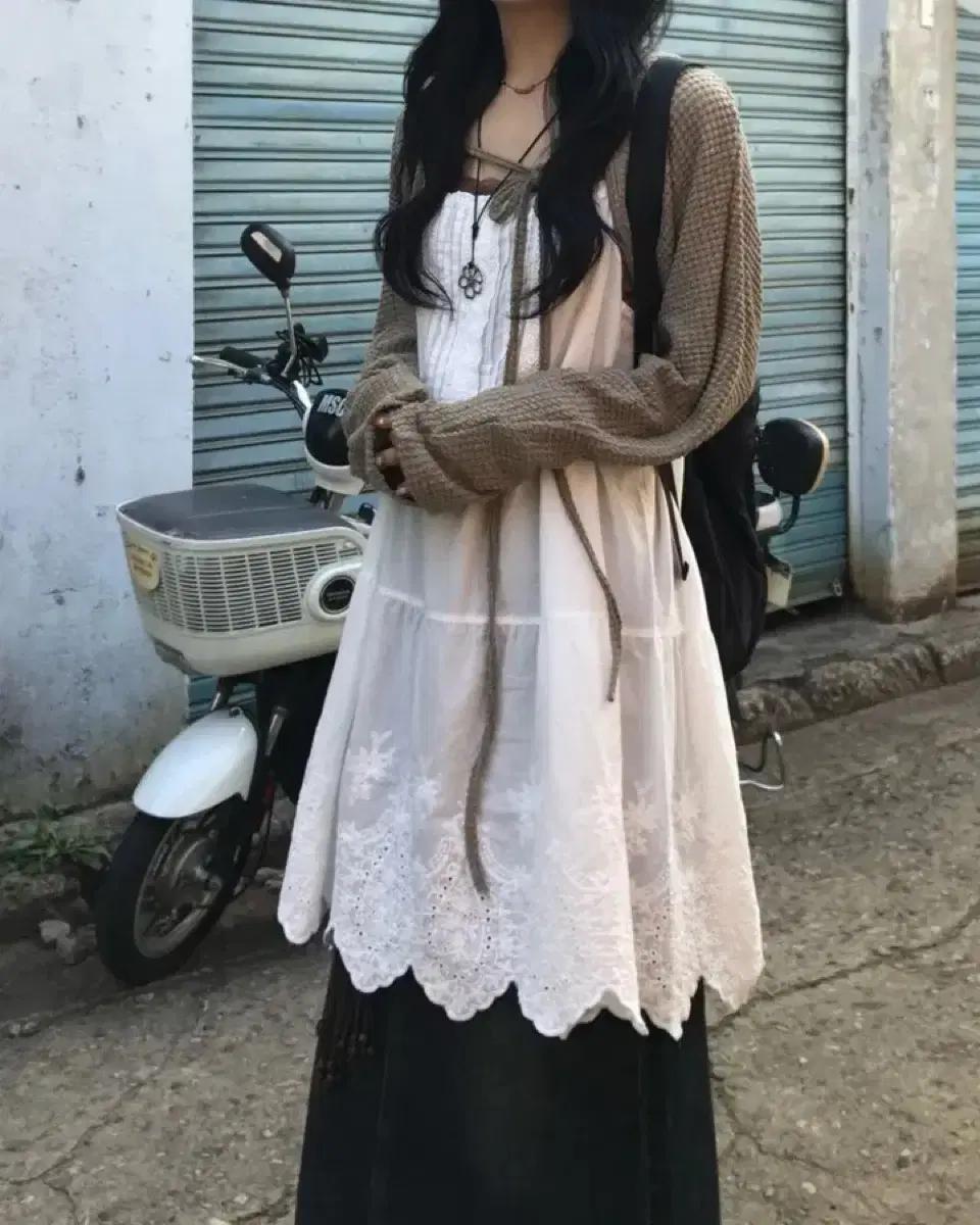 에이블리 빈티지원피스+볼레로가디건 코디세트