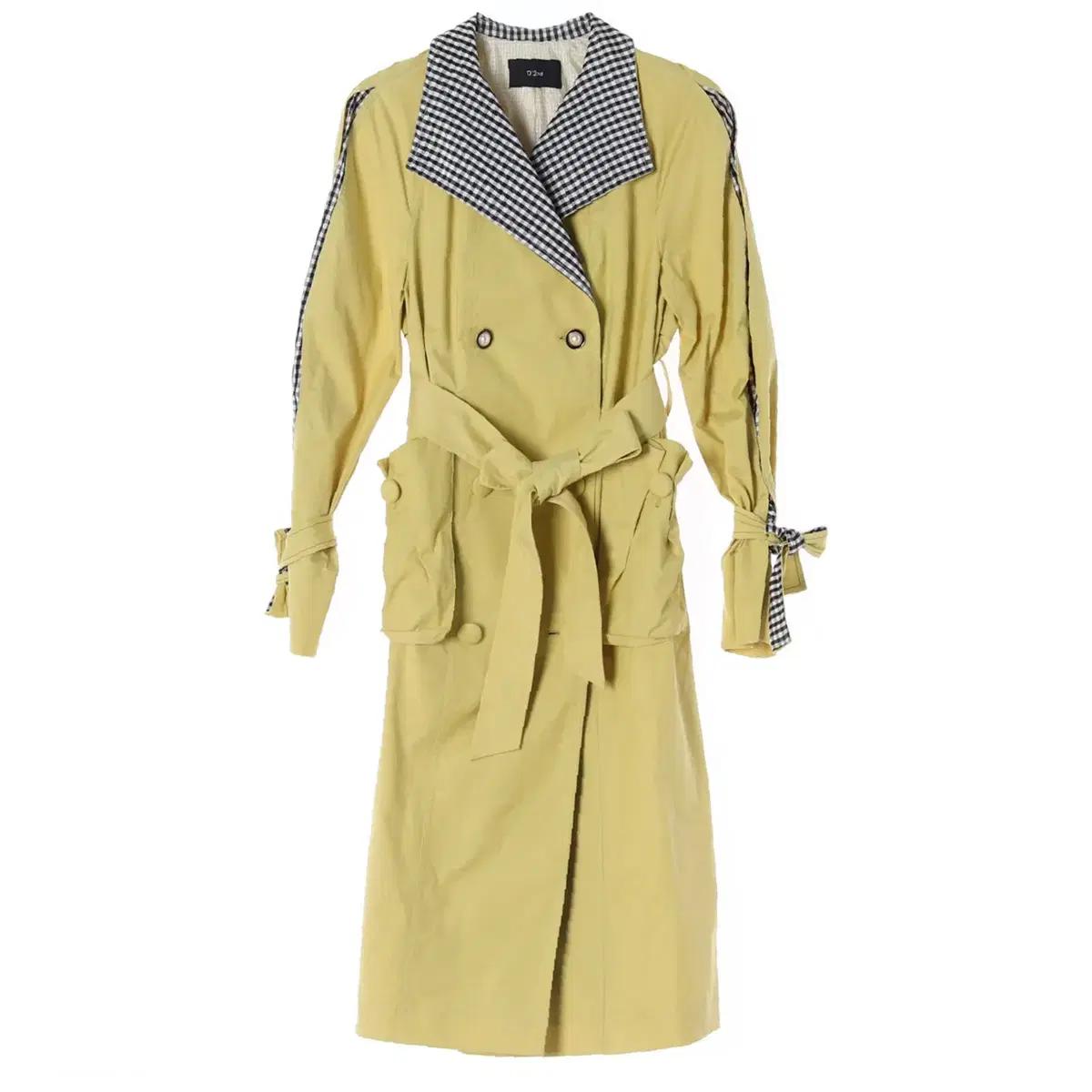 [M]오즈세컨 깅엄체크 배색 오픈 카라 롱 트렌치코트 옐로우