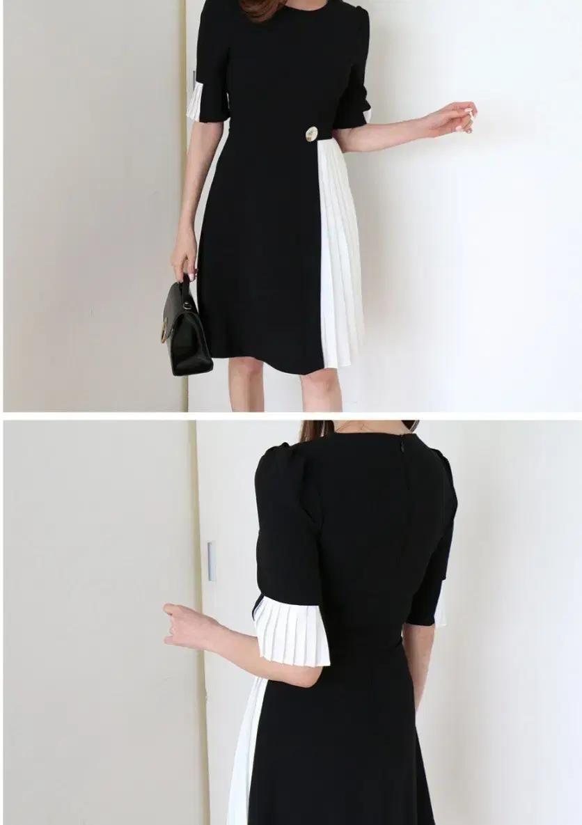 마랑 /블랙&화이트 플리츠 원피스/하객룩 추천