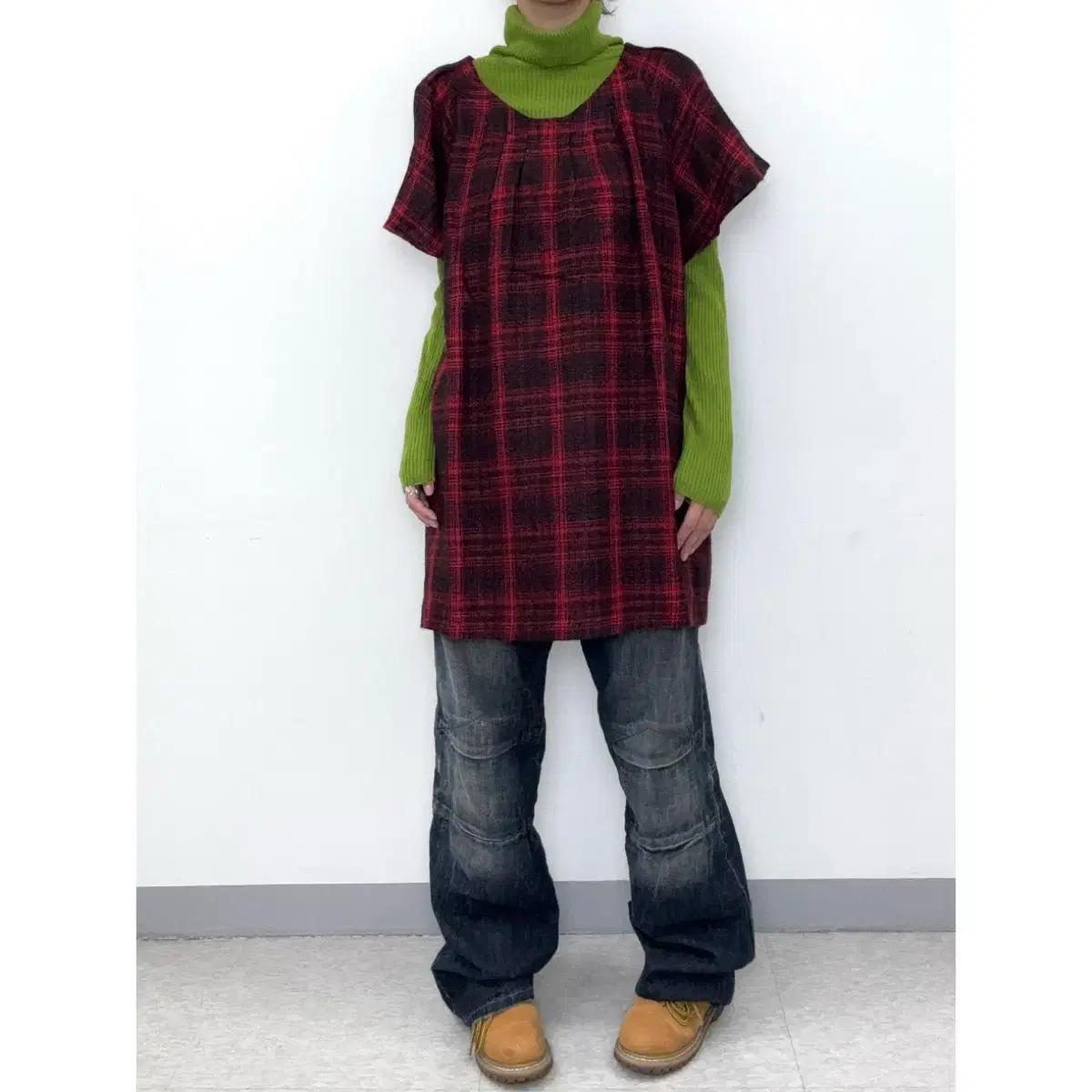 일본빈티지 레드 블랙 반팔 미니 원피스