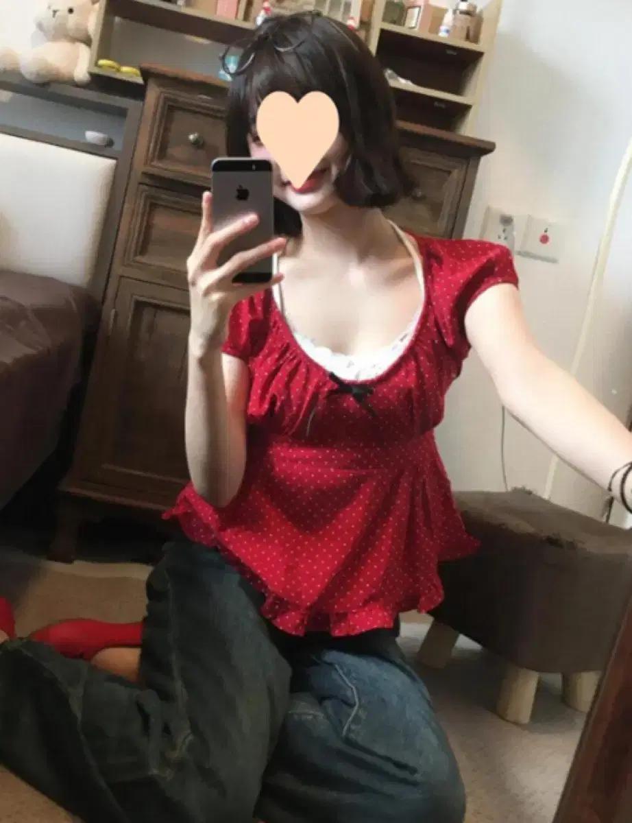 러블리 여친룩 꾸꾸 데이트 도트 레드 블라우스