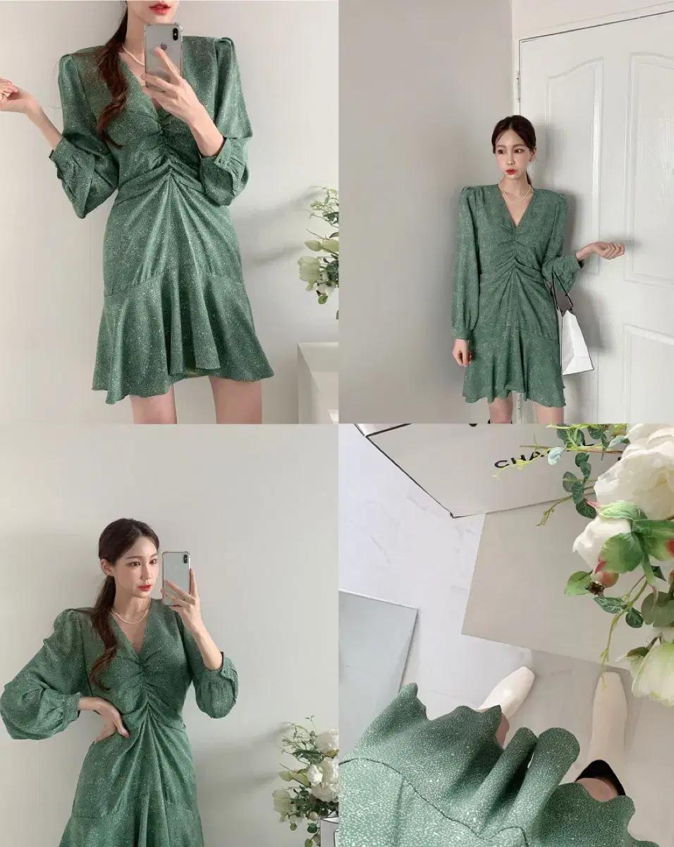 새상품 플라워 패턴 브이넥 앞셔링 미니 원피스 퍼프 봄 여름