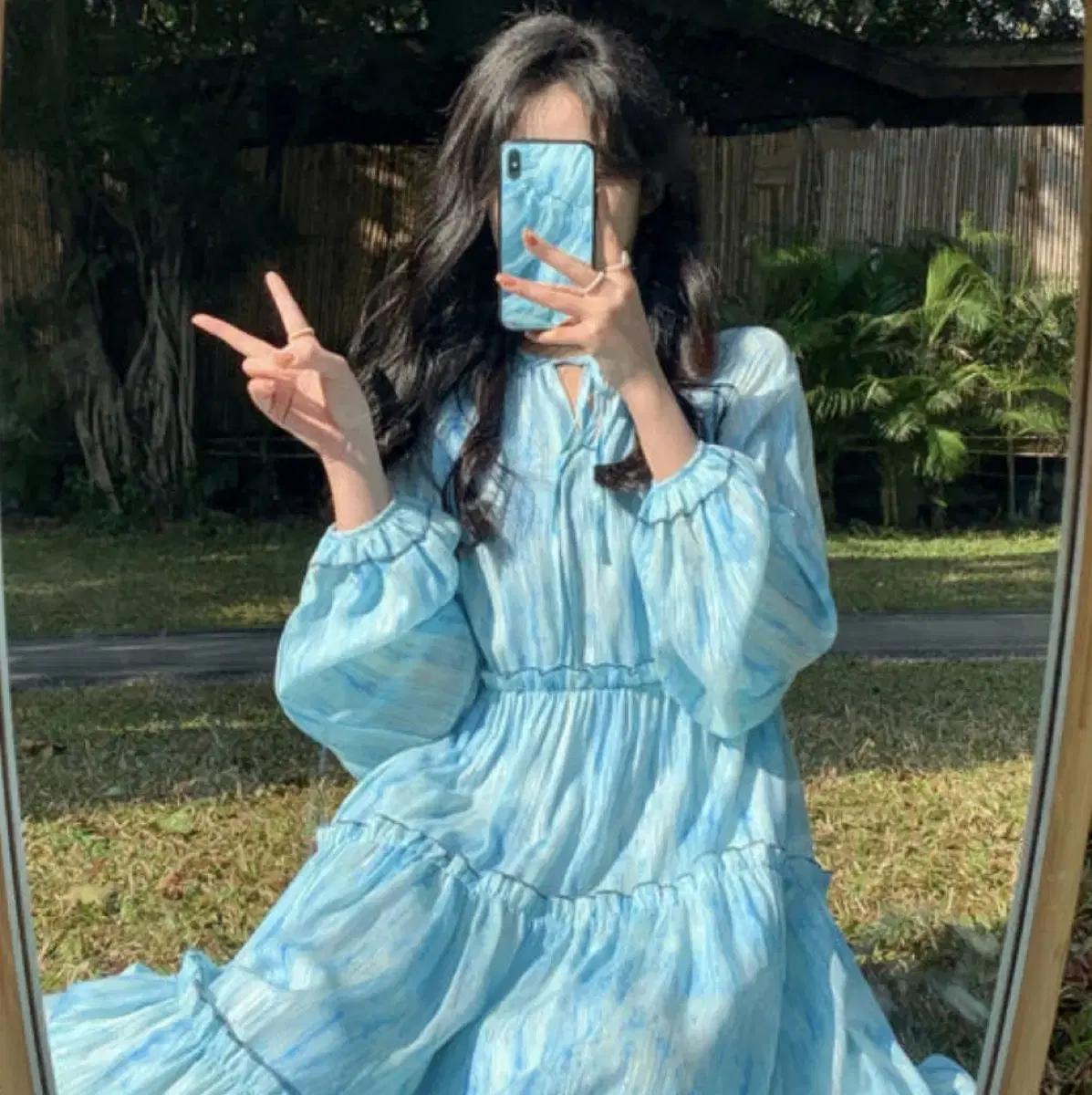 쉬폰 그라데이션 물결 롱 원피스