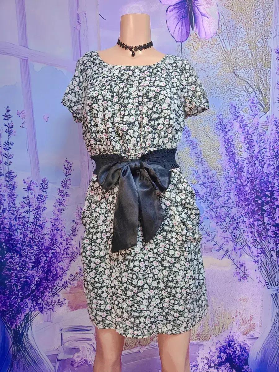 내추럴뷰티 허리 리본 포인트 로즈 원피스