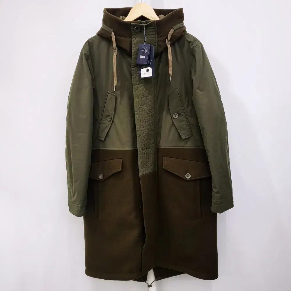 [100-105s] 에르노 울 콤비네이션 모즈코트 야상후드롱패딩코트 카키