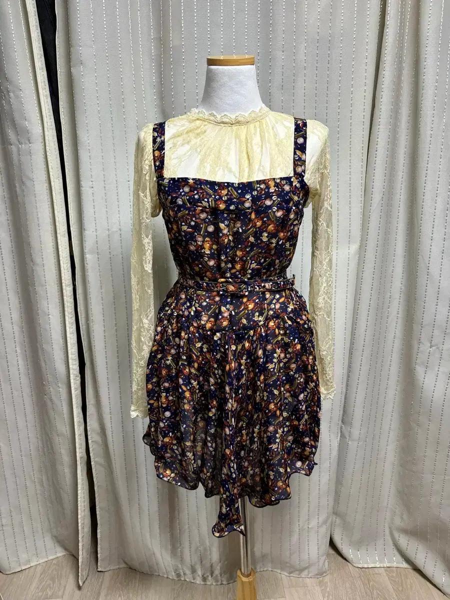 급처 원피스 플로럴 꽃무늬 쉬폰 나시 벨트 허리끈 투피스