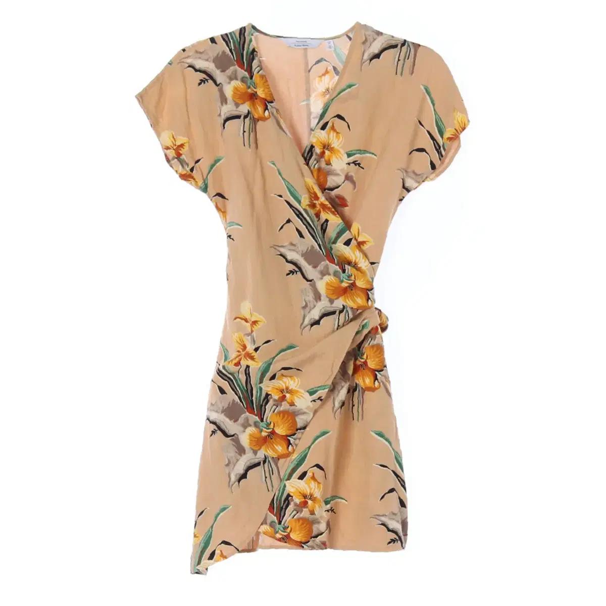 [XS]앤아더스토리즈 린넨 베이지 플로럴 반팔 랩 원피스 드레스