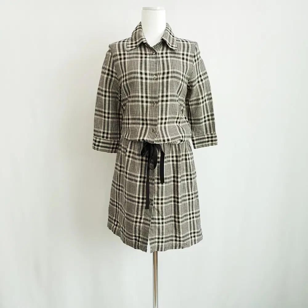 JPN 빈티지 체크 패턴 쭈리 7부 린넨 셔츠 미니 원피스 여M N148
