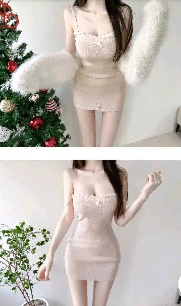 (새옷)순느 큐티섹시 포닝 리본 레이스 니트 끈나시 원피스