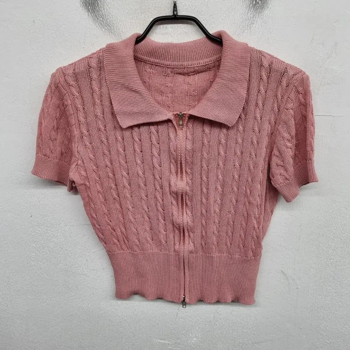 [여성55 size] 투웨이 집업 케이블 반팔 니트