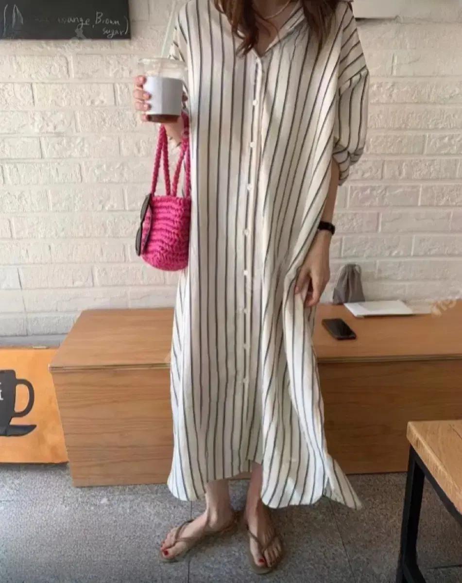 롱여름 면셔츠 루즈핏긴팔스트라이프 오버핏빅사이즈 원피스