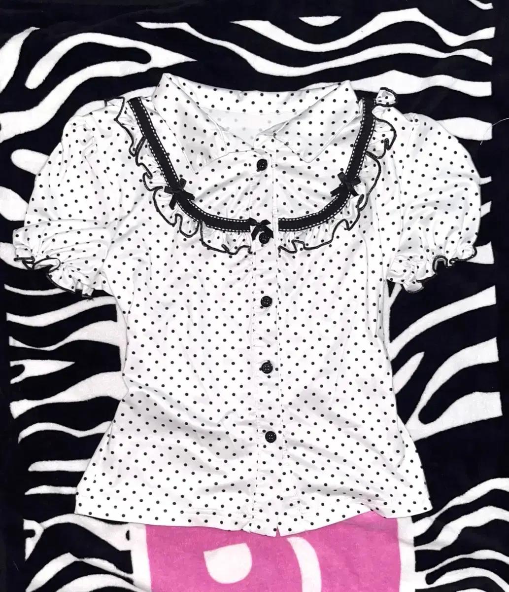 프릴 도트 레이스 리본 카라탑 땡땡이 퍼프소매 갸루 반팔 로걀탑