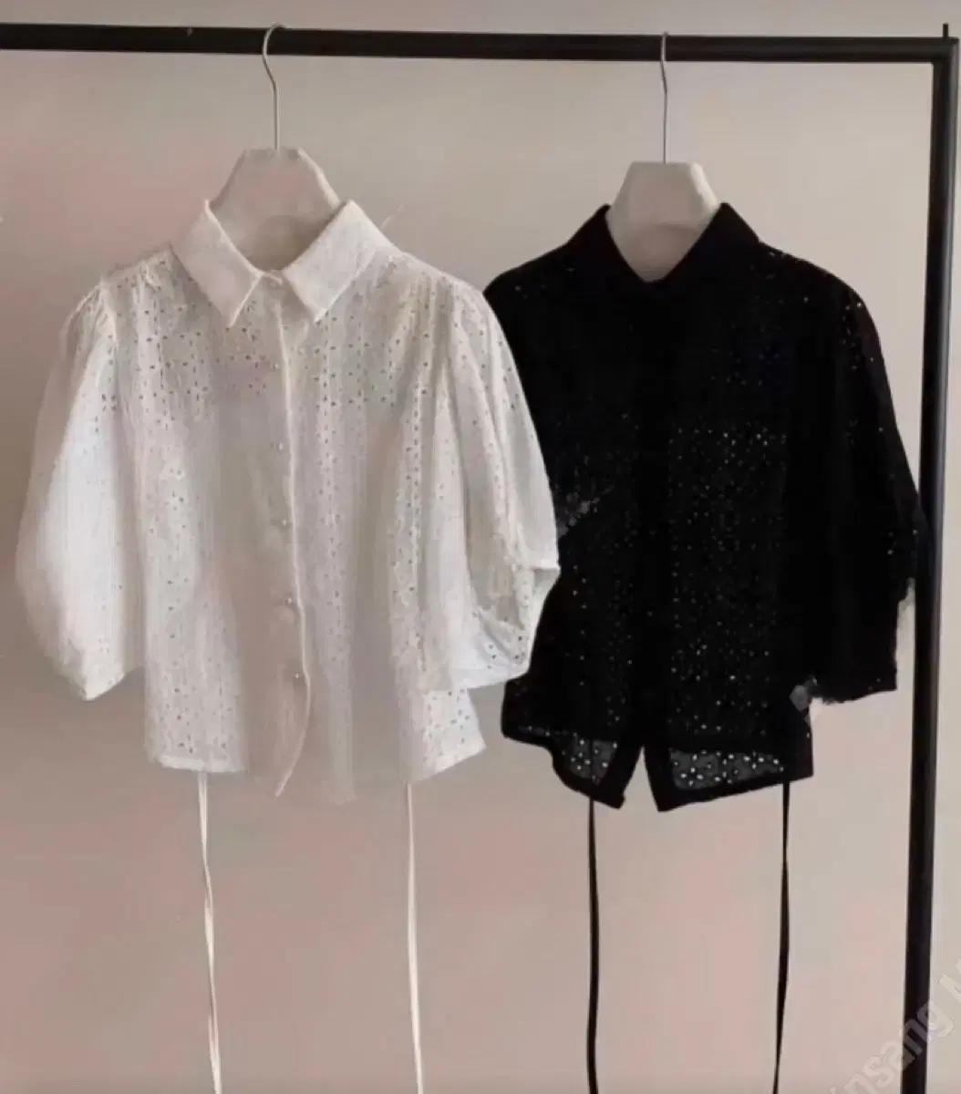 화이트블랙 퍼프면 펀칭리본 여름카라리본 블라우스