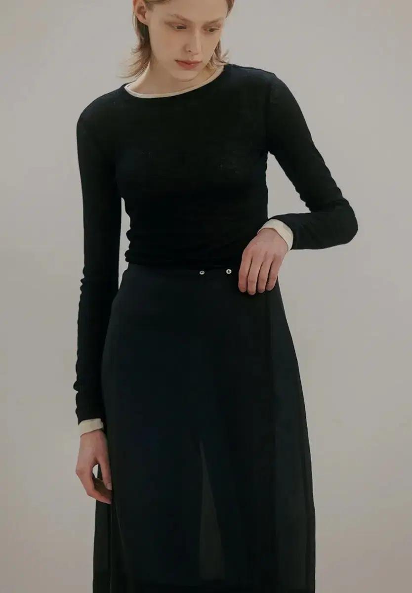 블랭크공삼 시스루 랩 스커트 메쉬 쉬어 레이어드 블랙