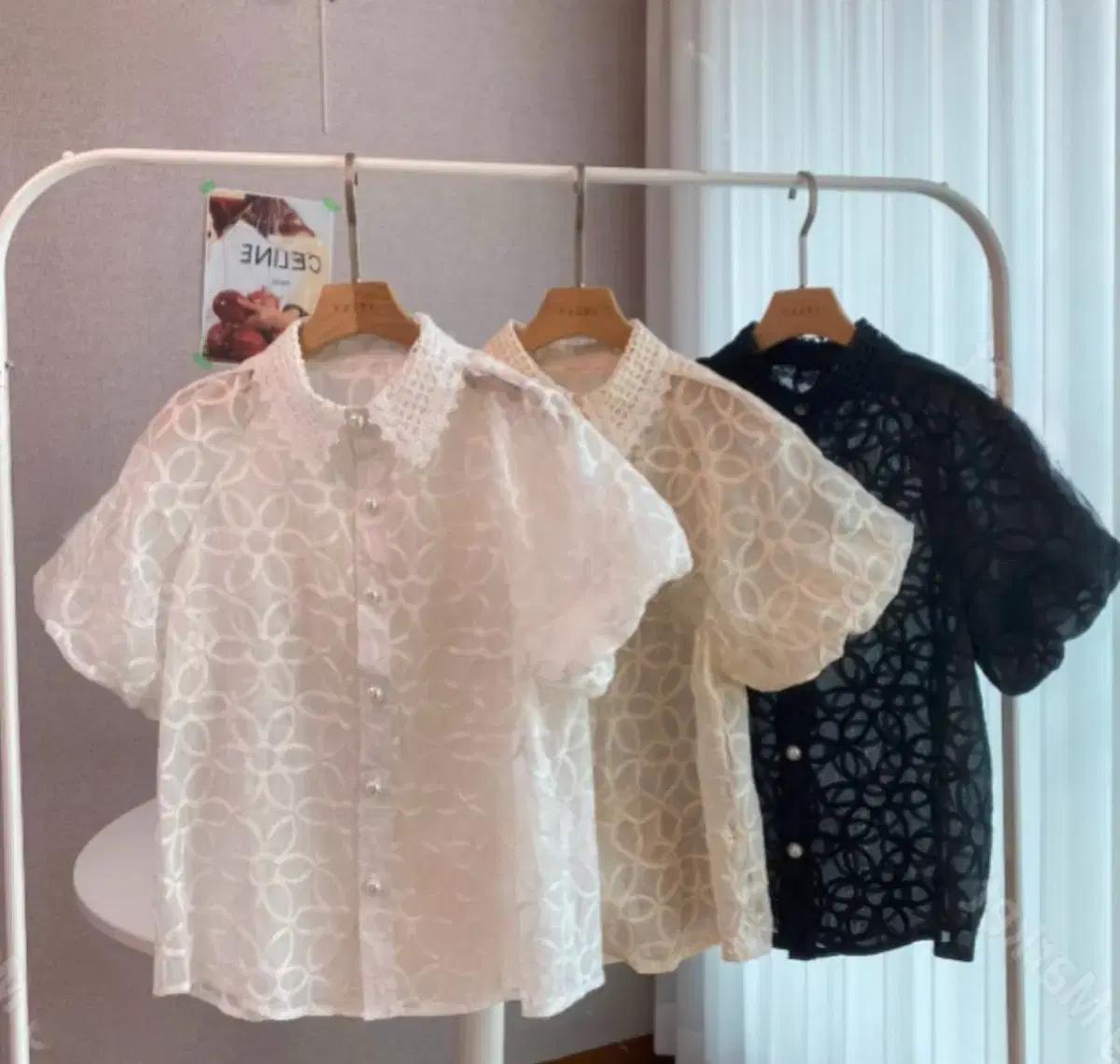 반팔퍼프 화이트블랙 여름레이스시스루 셔링쉬폰 블라우스