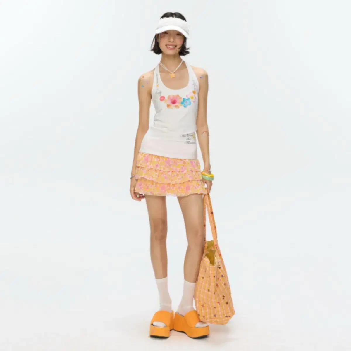 BETWEENAND 스커트 오렌지 쉬폰 핸드페인팅 하이웨이스트 A라인 숏