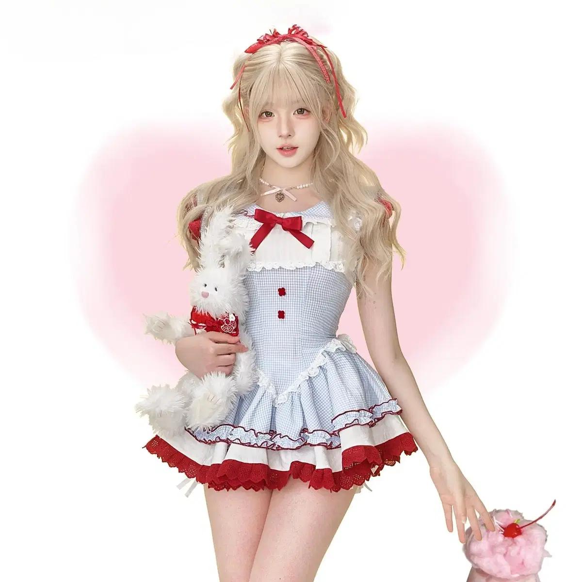 Serendipity 여름 체리 블루 체크 원피스 벌룬 반바지 세트