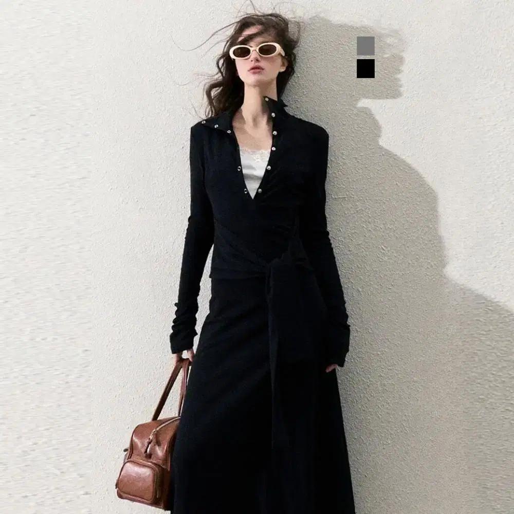 OAKMOO 오크무 클래식 헨리 칼라 슬림 롱슬리브 니트 맥시 드레스