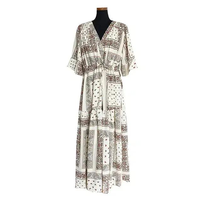 여성 여름 페이즐리 에스닉 패턴 브이넥 쉬폰 롱 원피스