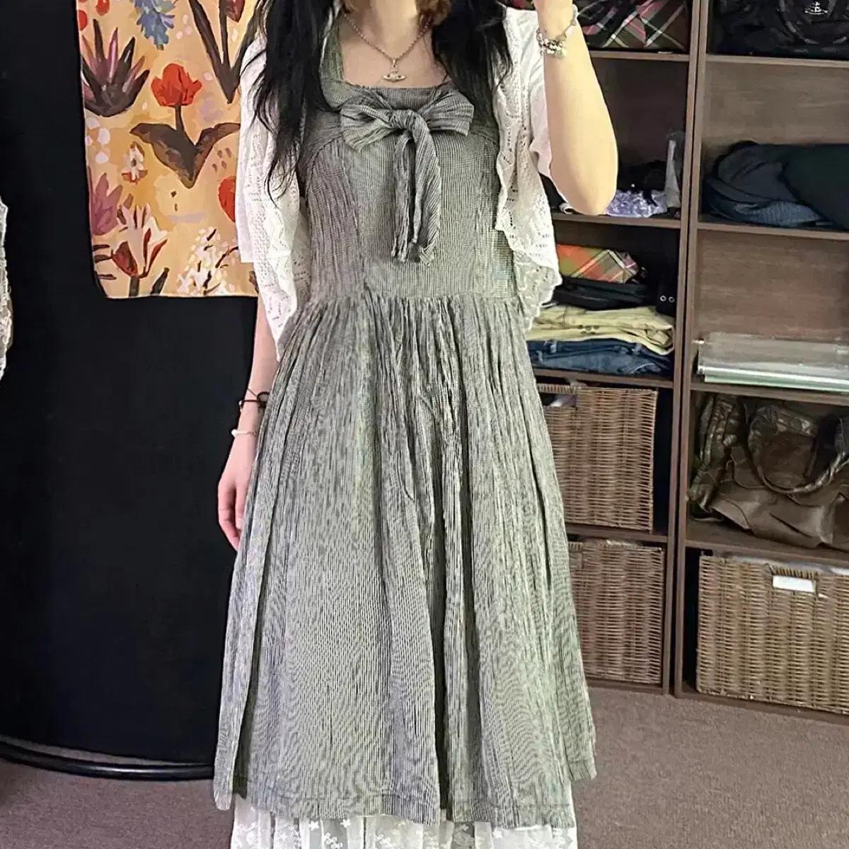 일본빈티지 리본스트랩 홀터X끈 블랙잔체크셔링 롱끈원피스 모리걸하구미룩