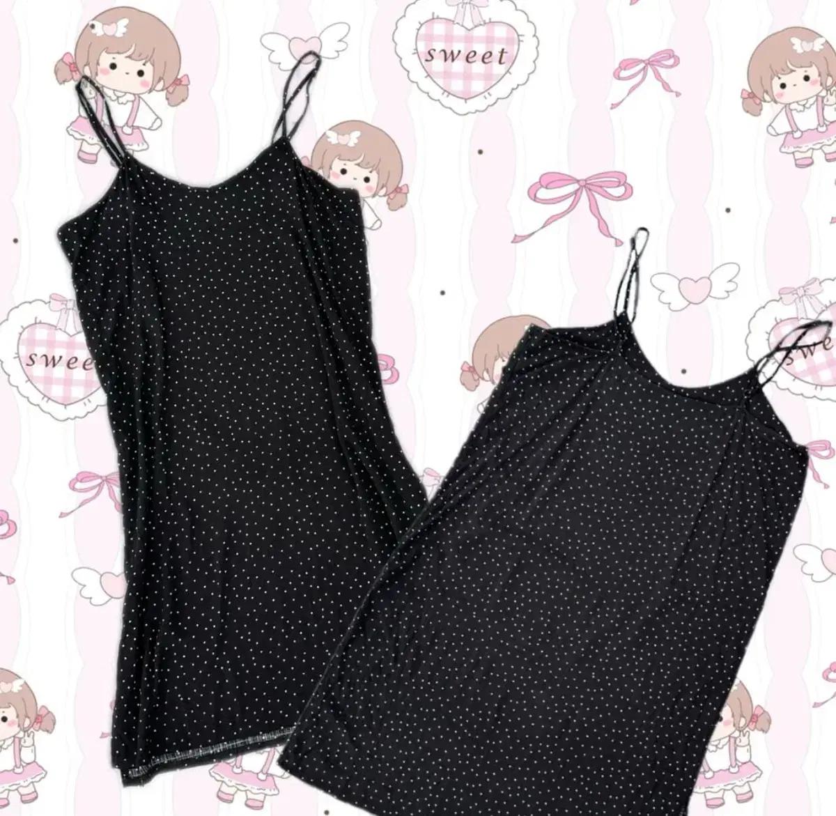 일본수입 빈티지 도트 슬리브 레이어드 나시원피스