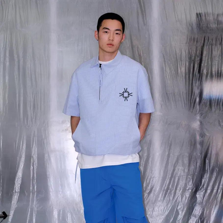 7440 37 1 블루 라펠 하프 풀오버 하운드투스 반집업 반팔 셔츠