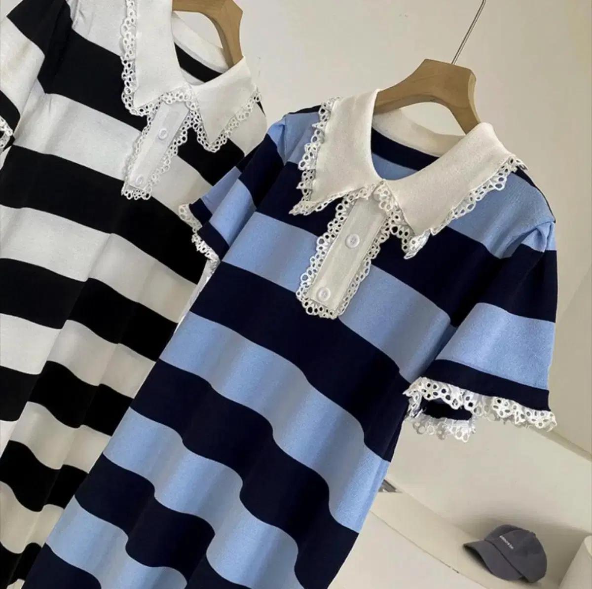 [새상품] 반팔 카라 펀칭레이스 스트라이프 단가라 롱원피스 여름 데일리룩