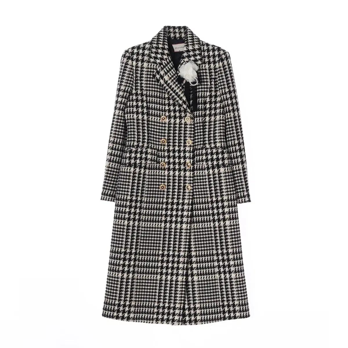 (새상품)[S]모조에스핀 울81% 헤링본체크 코사쥬 롱 더블 코트
