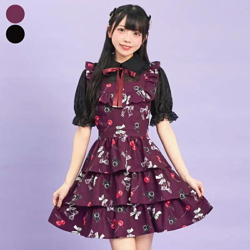 시크릿허니 리본 x 체리 프린트 반팔 원피스