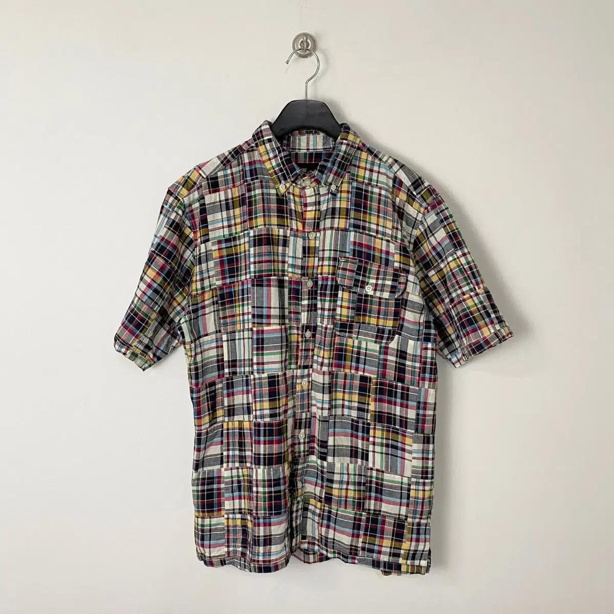 빈티지 Herringbone Club 마드라스 체크 패치워크 셔츠