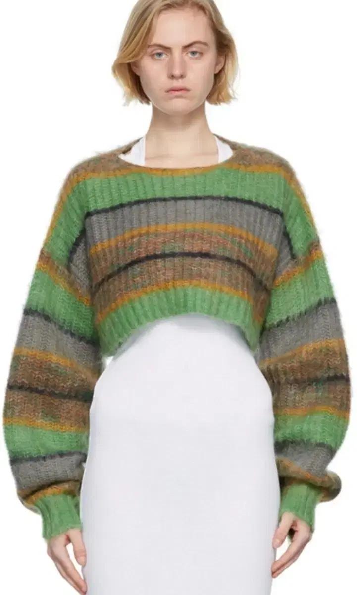 퍼버즈(Perverze) 스트라이프 앙고라 크롭 니트 탑 Free