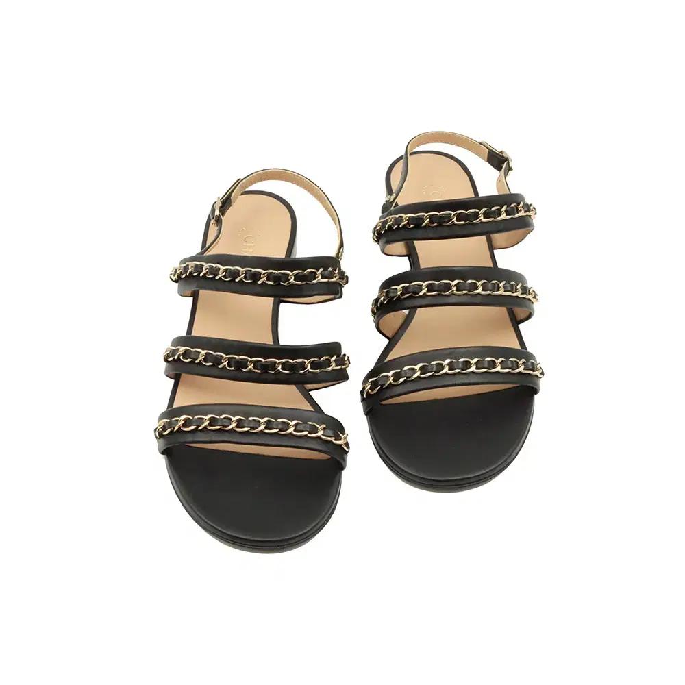 샤넬 블랙 레더 금장 CC로고 체인 스트랩 여성 샌들 37C