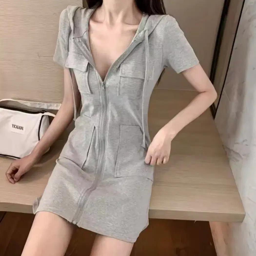 지그재그 회색 미니 여름 원피스