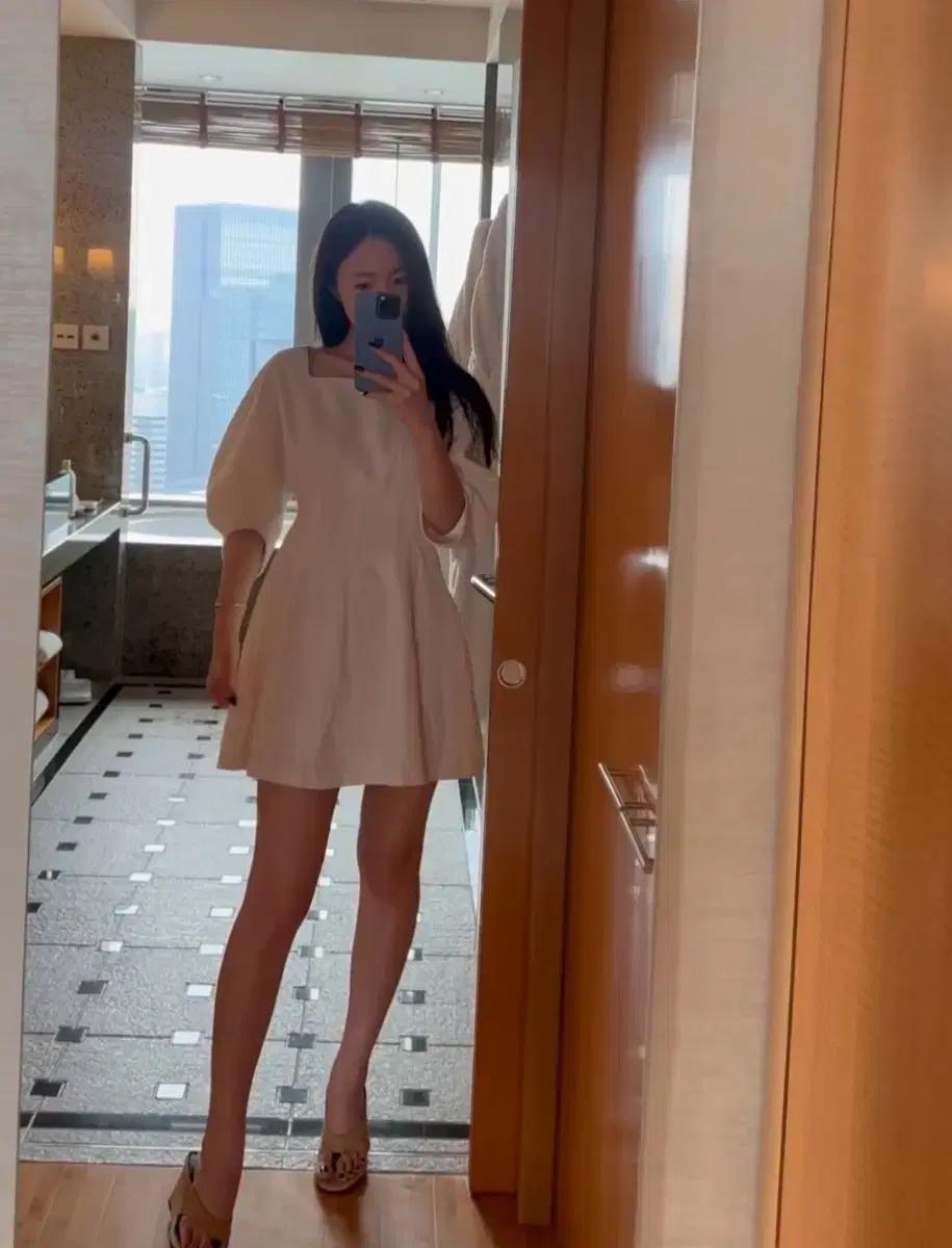 더로랑 퍼프 린넨 아워 글레스 드레스 원피스 m