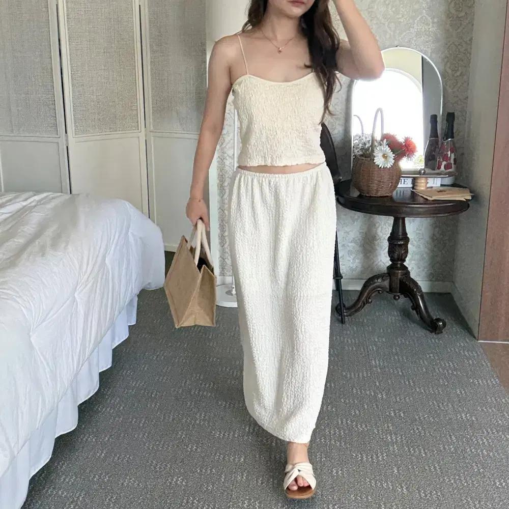 여름 트임 링클 밴딩 롱스커트 치마 동남아 여행룩 휴가룩 바캉스룩