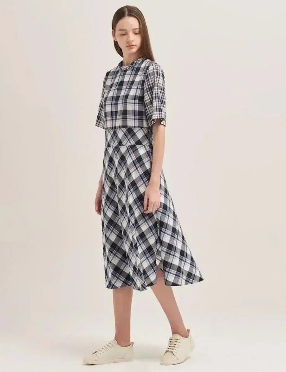 빈폴레이디스 컬러 체크 롱 원피스 반팔 여름 오피스룩 출근룩