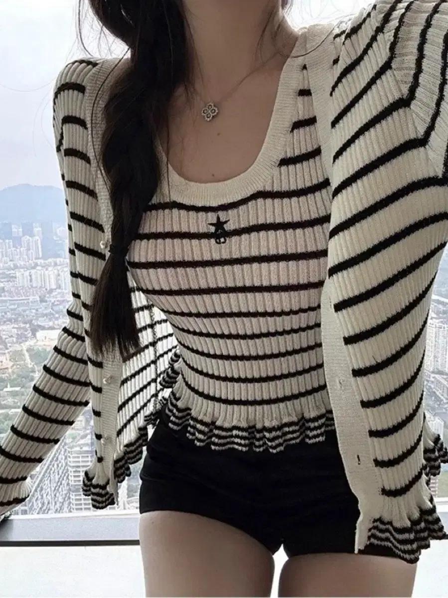 CD 키프 별 단가라 프릴 나시+스트라이프 여름 니트 가디건 세트 2co
