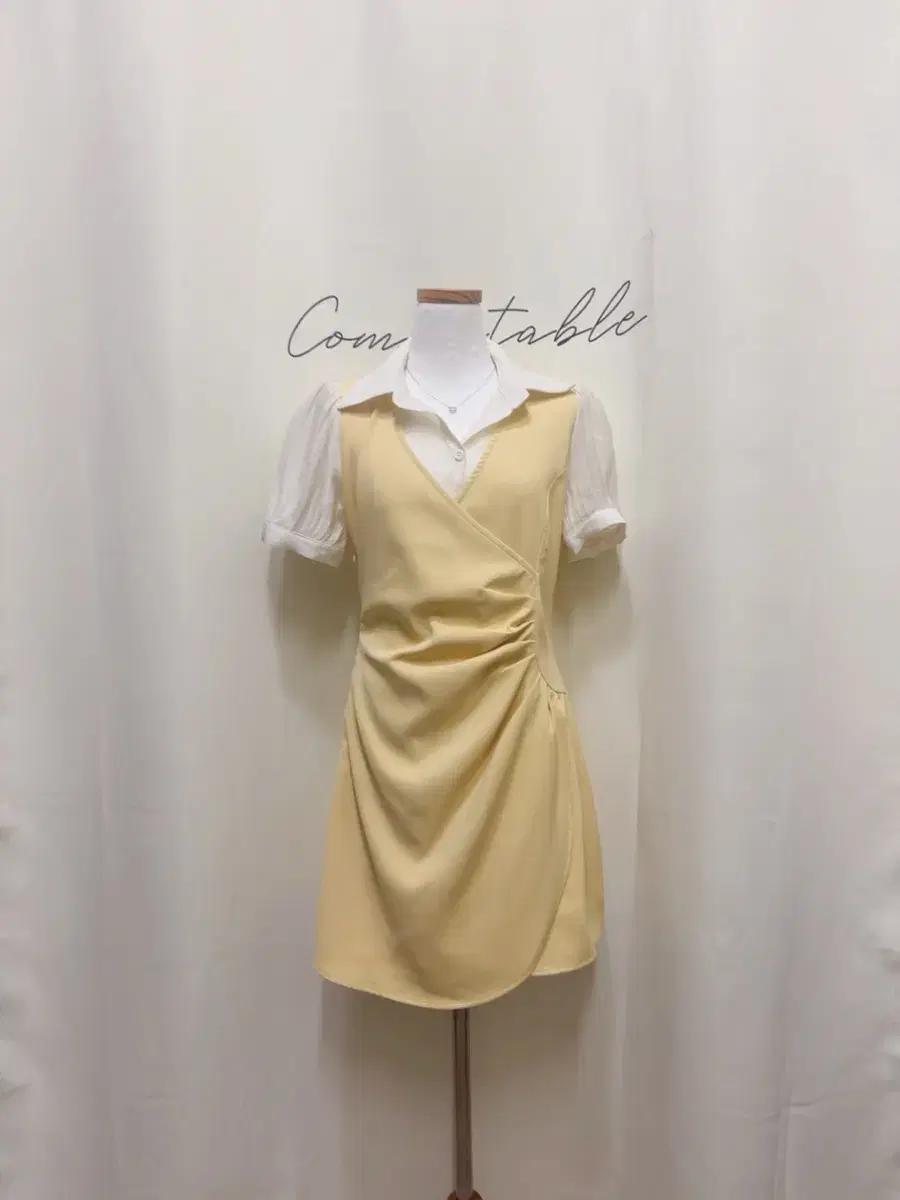 여름 하객룩 셔츠카라 퍼프 셔링 미니 랩원피스 (새상품)