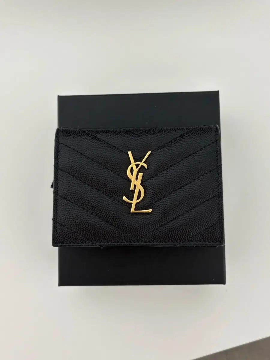 생로랑 골드 톤 YSL 메탈 로고 포켓 크레딧 카드 홀더 지갑