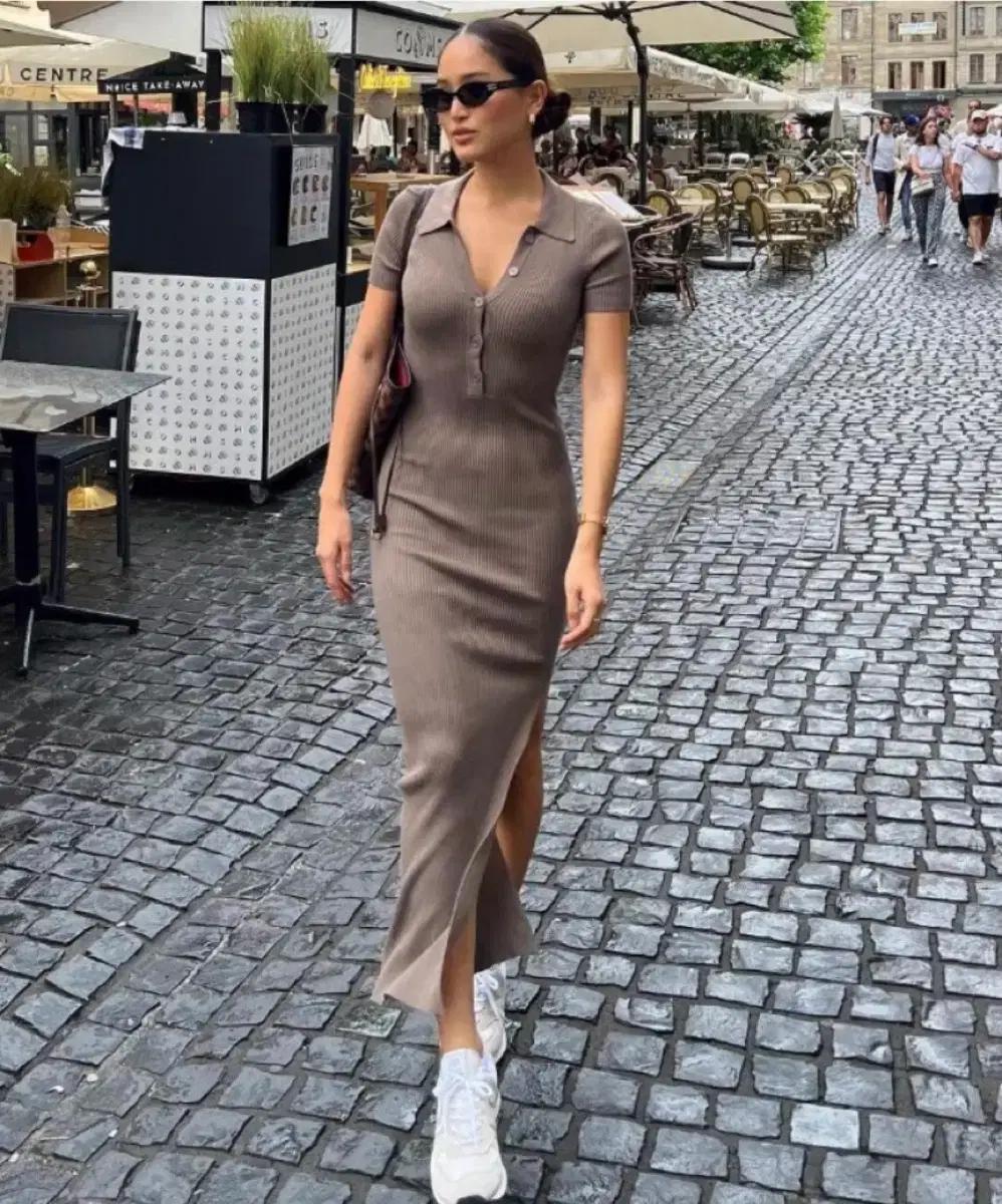 반팔 카라 셔츠원피스 슬림핏 타이트 골지 롱원피스 베이지 새상품