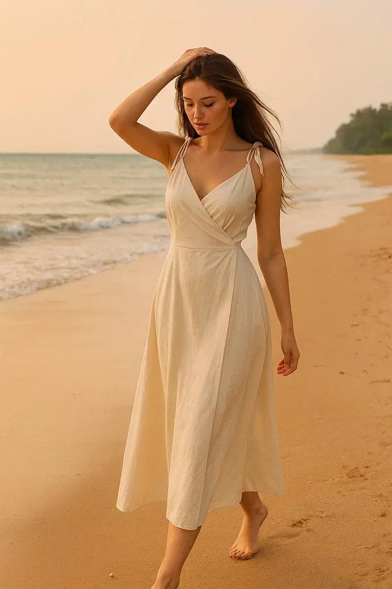 vtg  리본 슬리브 리넨 롱원피스