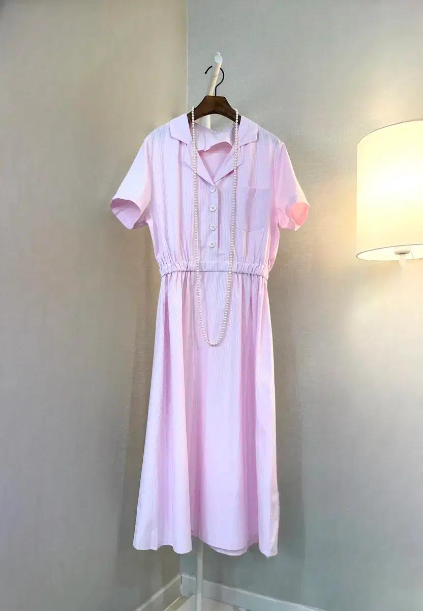 롱면 반팔셔츠 셔링단추여름 핑크스트라이프카라 원피스