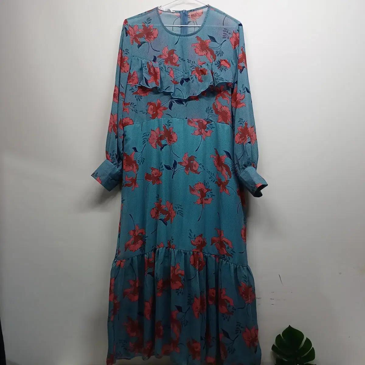 플라워 패턴 롱 원피스 하늘색 95사이즈 봄가을 258121