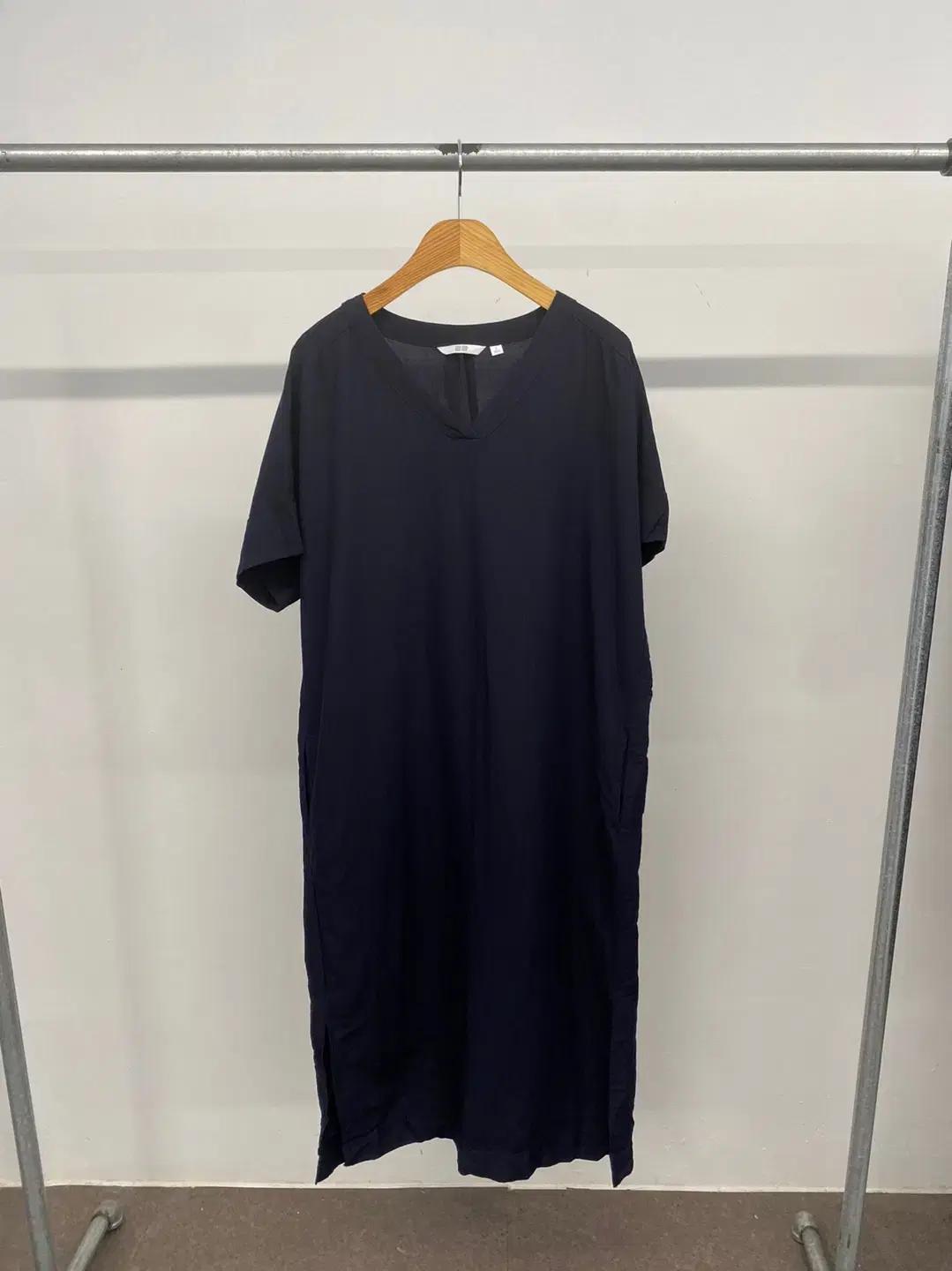 여성용 유니클로 린넨 리넨 혼방 브이넥 롱 원피스 드레스