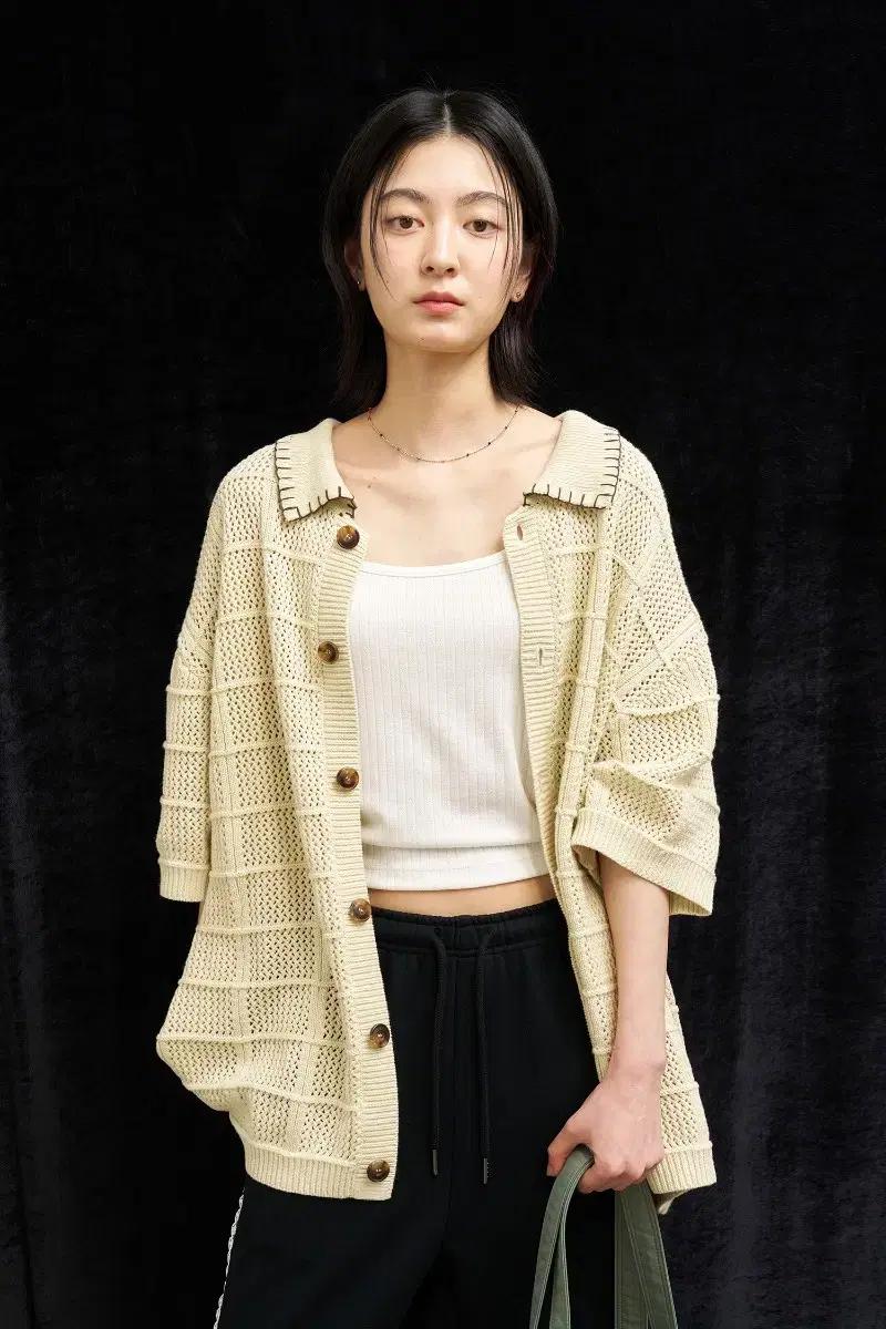 제너럴아이디어 UNISEX 스티치 카라 크로셰 가디건 [CREAM]